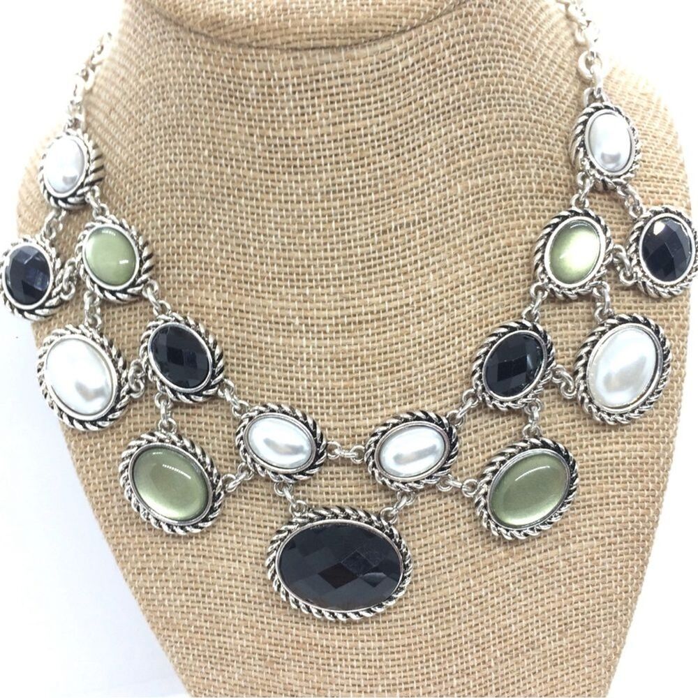 DANA BUCHMAN STATEMENT NECKLACE PEARL CABOCHON BIB COLLAR SILVER TONE REGAL